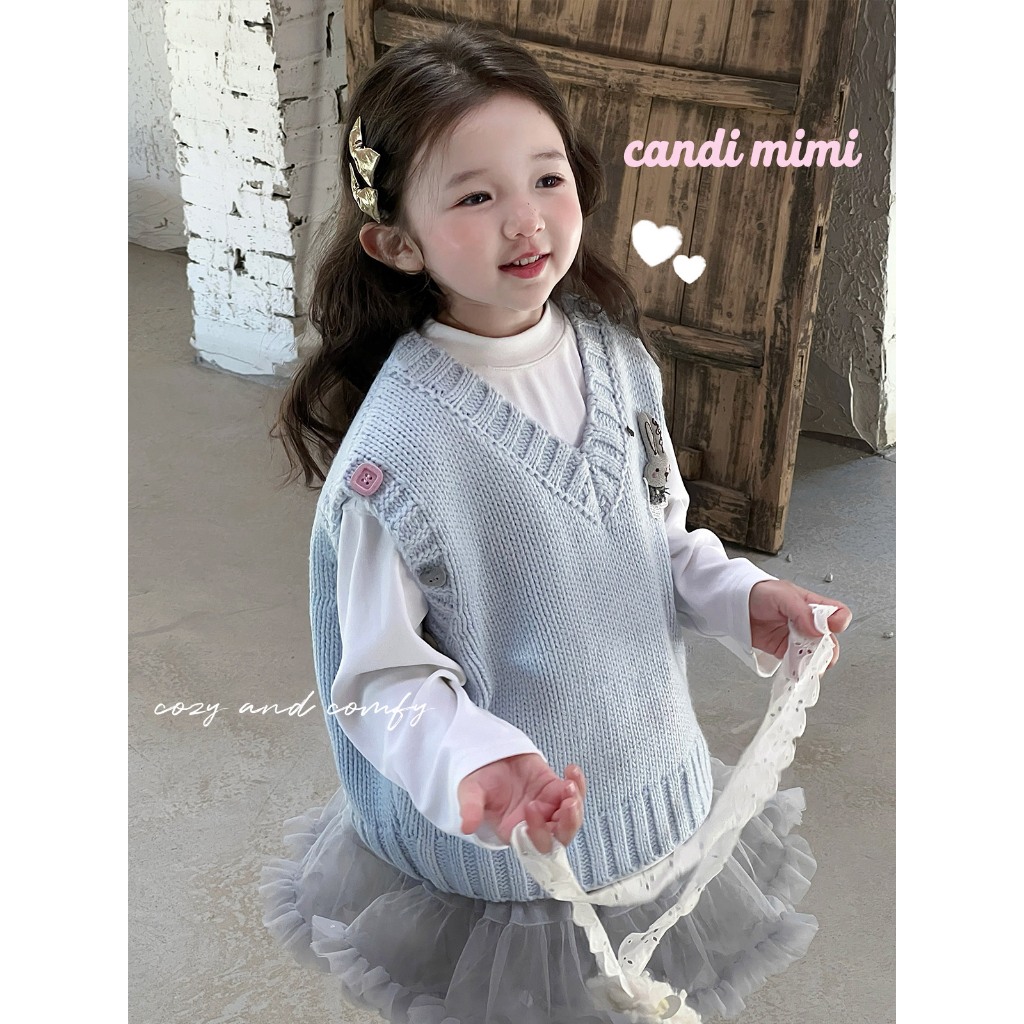 CANDIMIMI Áo gile len cổ tim đính hình ngộ nghĩnh - Phong cách Hàn Quốc