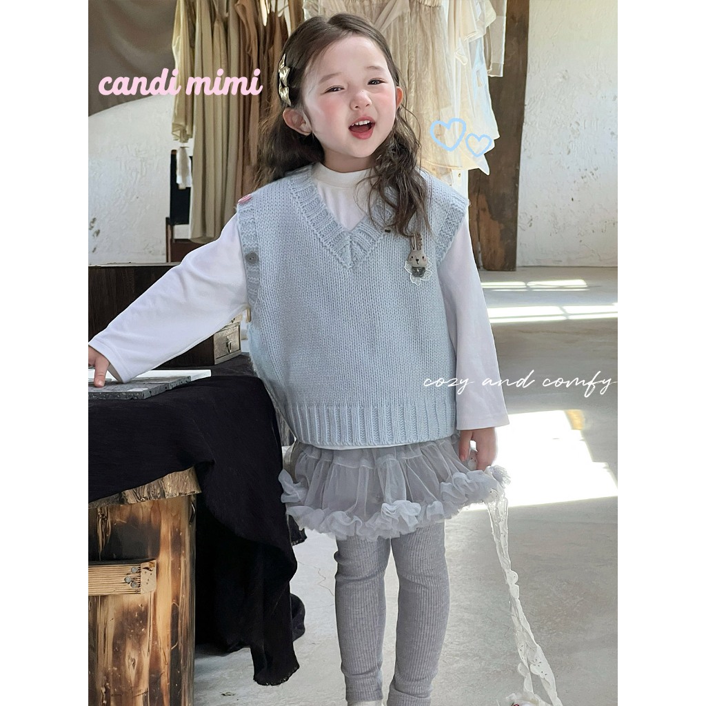 CANDIMIMI Áo gile len cổ tim đính hình ngộ nghĩnh - Phong cách Hàn Quốc