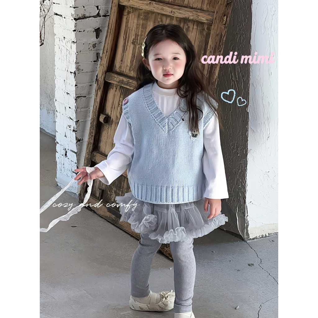 CANDIMIMI Áo gile len cổ tim đính hình ngộ nghĩnh - Phong cách Hàn Quốc