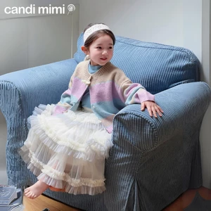 CANDIMIMI Áo cadigan len cao cấp kẻ nhiều màu đính nơ - Phong cách Hàn Quốc