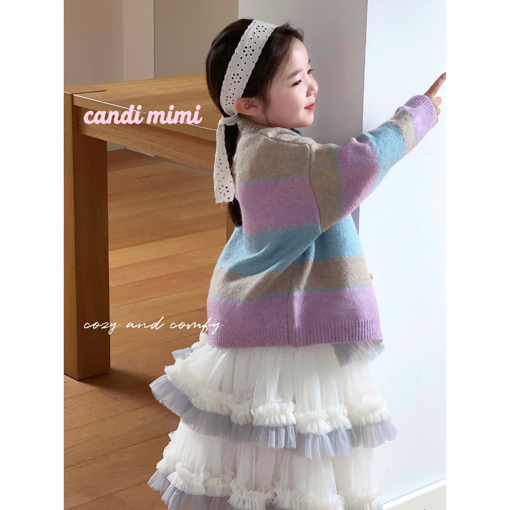 CANDIMIMI Áo cadigan len cao cấp kẻ nhiều màu đính nơ - Phong cách Hàn Quốc