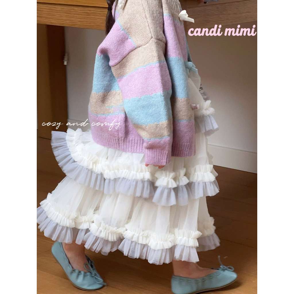 CANDIMIMI Áo cadigan len cao cấp kẻ nhiều màu đính nơ - Phong cách Hàn Quốc