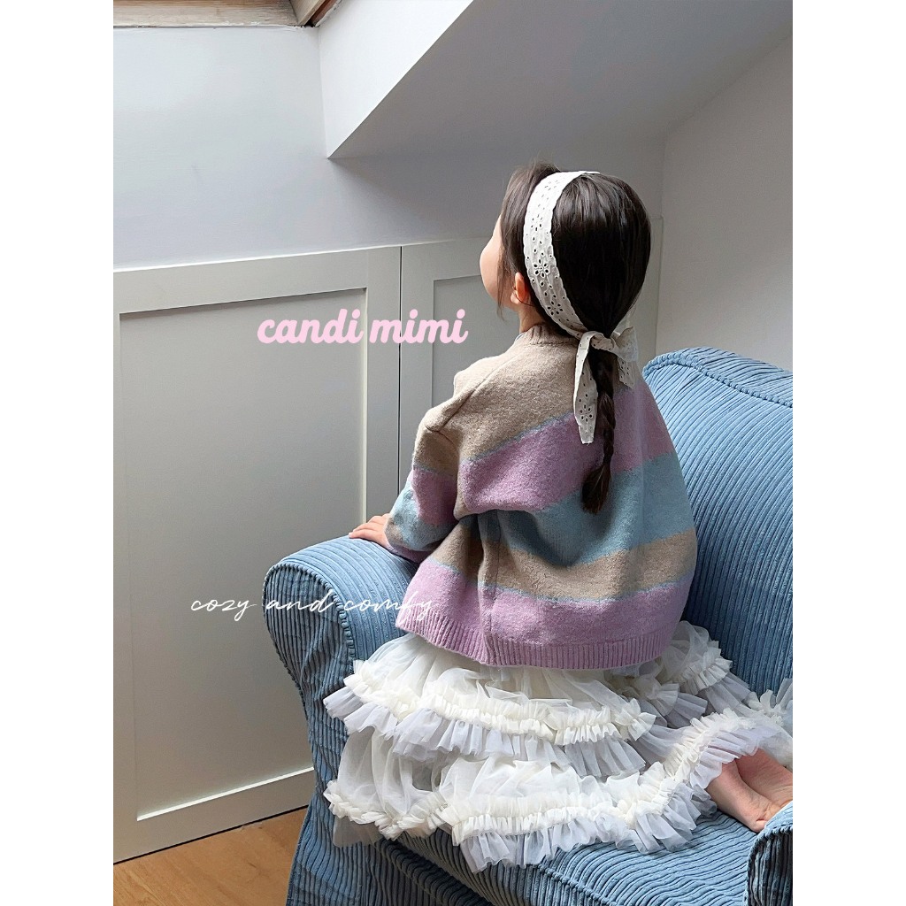 CANDIMIMI Áo cadigan len cao cấp kẻ nhiều màu đính nơ - Phong cách Hàn Quốc