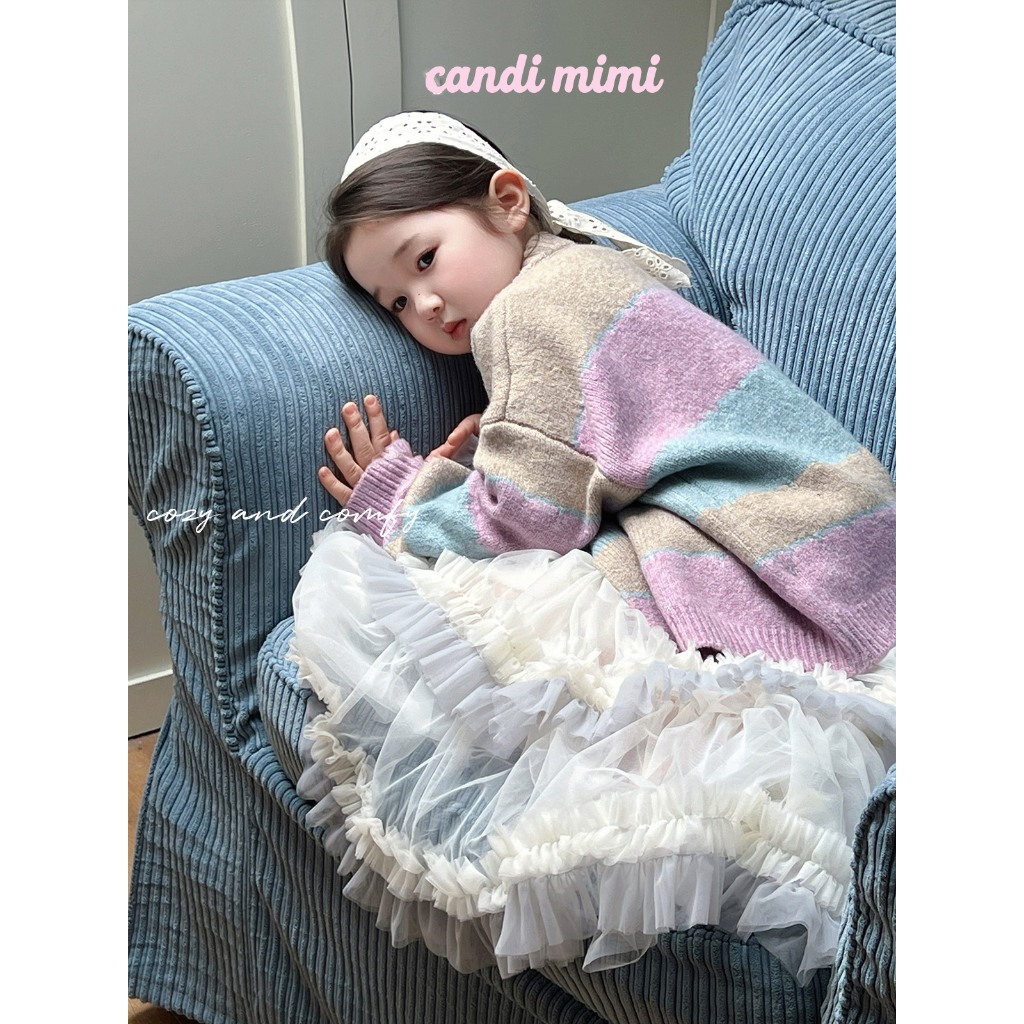 CANDIMIMI Áo cadigan len cao cấp kẻ nhiều màu đính nơ - Phong cách Hàn Quốc