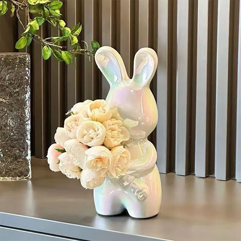 Thỏ Cầm Hoa Gốm Sứ Tráng Gương Cực Đẹp