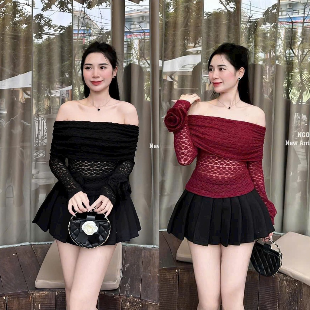 áo ren lưới hoa trễ vay tay dài ,áo dài tay đính hoa thanh lịch