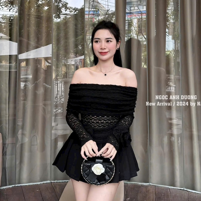 áo ren lưới hoa trễ vay tay dài ,áo dài tay đính hoa thanh lịch