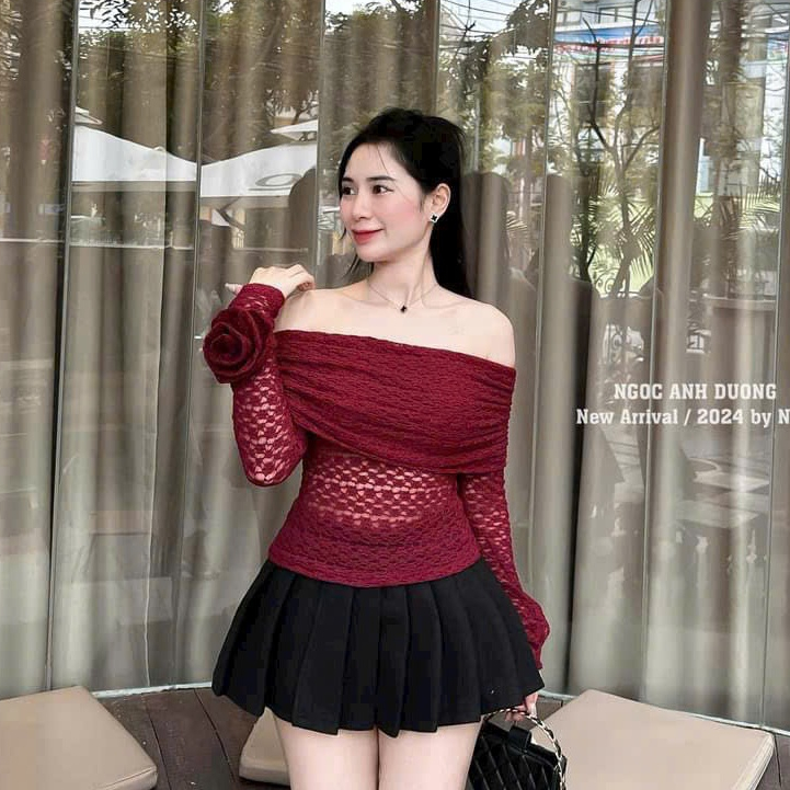 áo ren lưới hoa trễ vay tay dài ,áo dài tay đính hoa thanh lịch