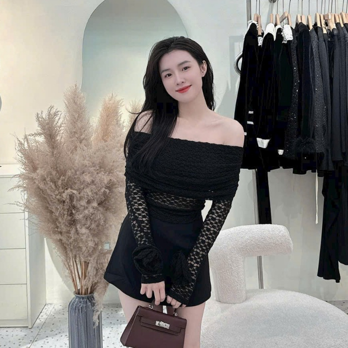 áo ren lưới hoa trễ vay tay dài ,áo dài tay đính hoa thanh lịch