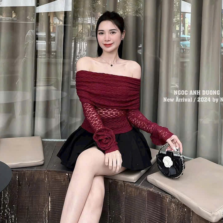 áo ren lưới hoa trễ vay tay dài ,áo dài tay đính hoa thanh lịch