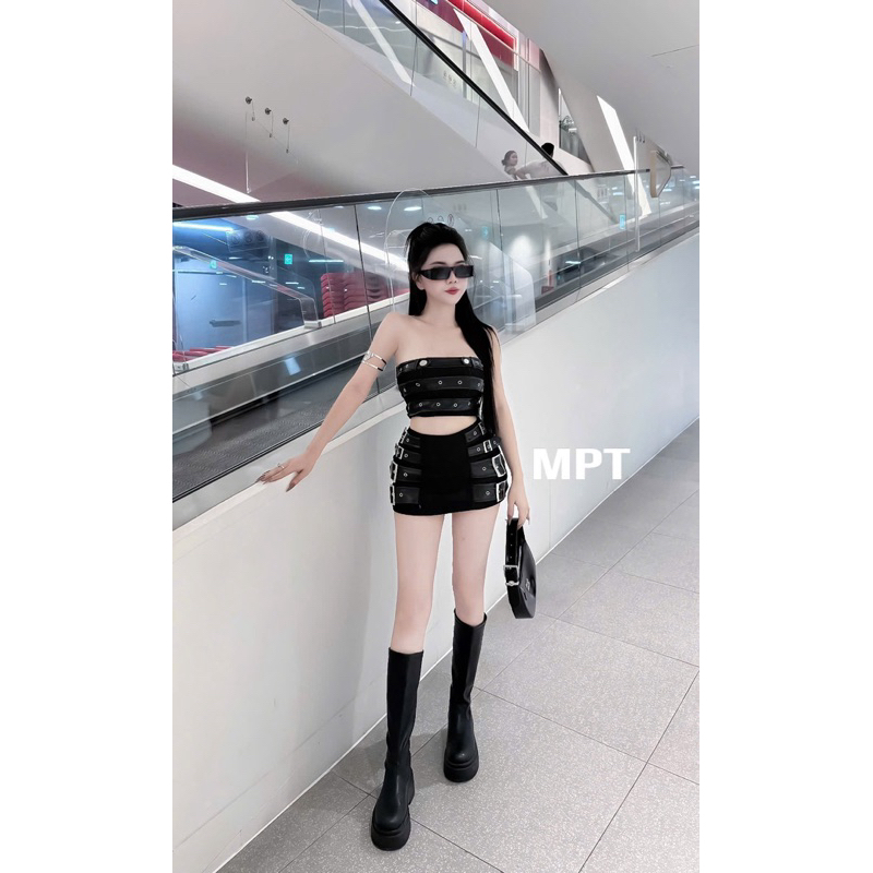 Set váy jean 2 món phối da sexy đi bar siu chất