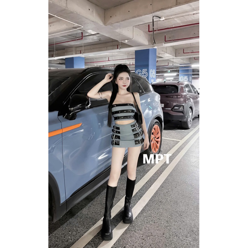 Set váy jean 2 món phối da sexy đi bar siu chất