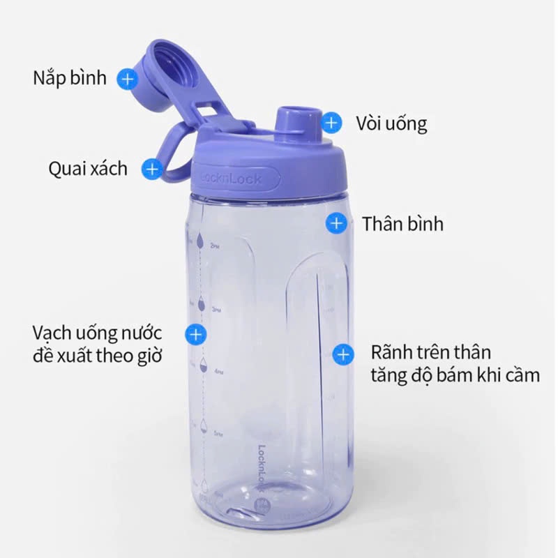 [HAP941] Bình nước nhựa Lock&Lock Active Large Bottle HAP941 dung tích 1.5L có tay cầm, vạch chia dung tích