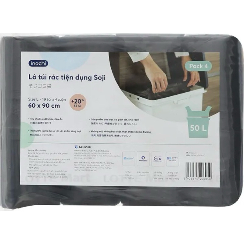 Lốc 4 cuộn túi rác đen quai xách Inochi Size L 60x90cm 50L | Shopee ...