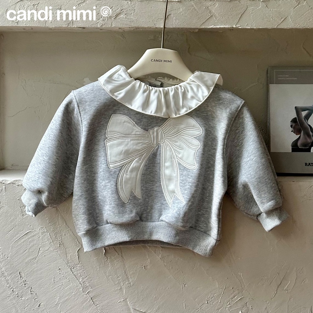 CANDIMIMI Áo nỉ dài tay cổ tròn viền lụa hình nơ cao cấp - Phong cách Hàn Quốc