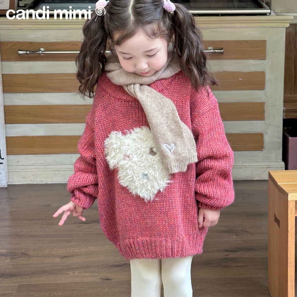 CANDIMIMI Áo len đính mặt gấu sợi lông ngộ nghĩnh - Phong cách Hàn Quốc