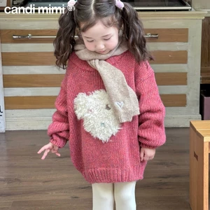 CANDIMIMI Áo len đính mặt gấu sợi lông ngộ nghĩnh - Phong cách Hàn Quốc