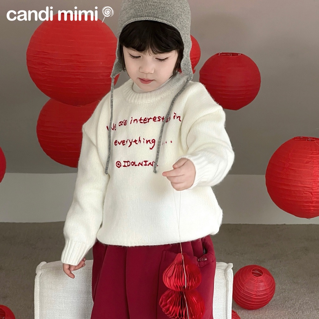 CANDIMIMI Áo len cổ tròn dài tay chữ đỏ cao cấp - Phong cách Hàn Quốc