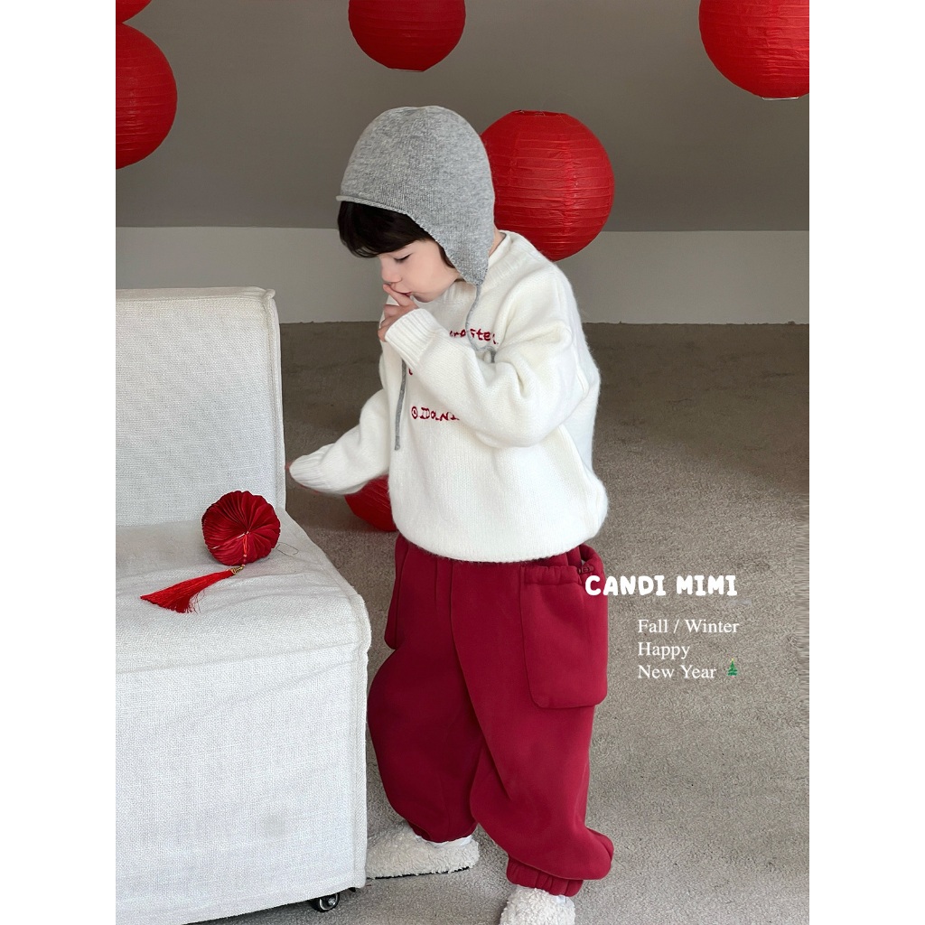 CANDIMIMI Áo len cổ tròn dài tay chữ đỏ cao cấp - Phong cách Hàn Quốc