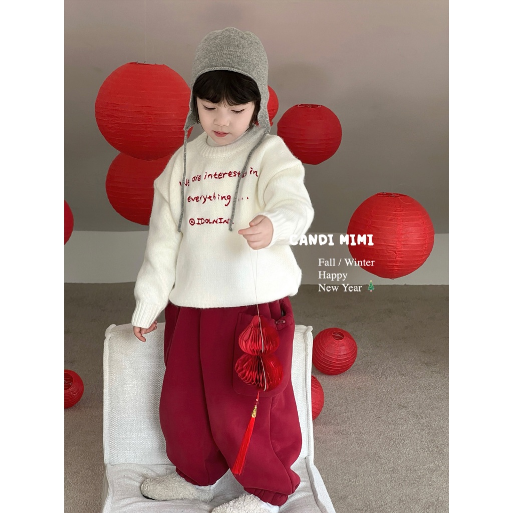 CANDIMIMI Áo len cổ tròn dài tay chữ đỏ cao cấp - Phong cách Hàn Quốc