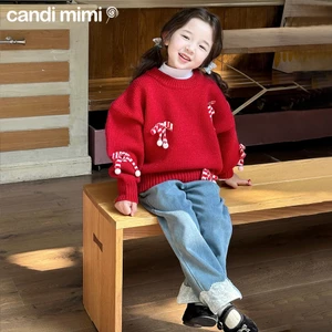 CANDIMIMI Áo len đỏ cao cấp đính nơ quả bông - Phong cách Hàn Quốc