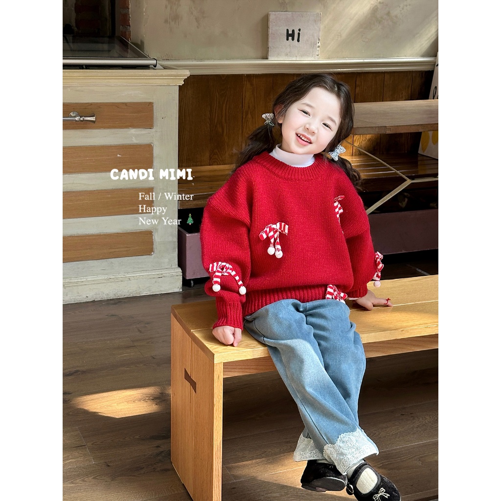 CANDIMIMI Áo len đỏ cao cấp đính nơ quả bông - Phong cách Hàn Quốc