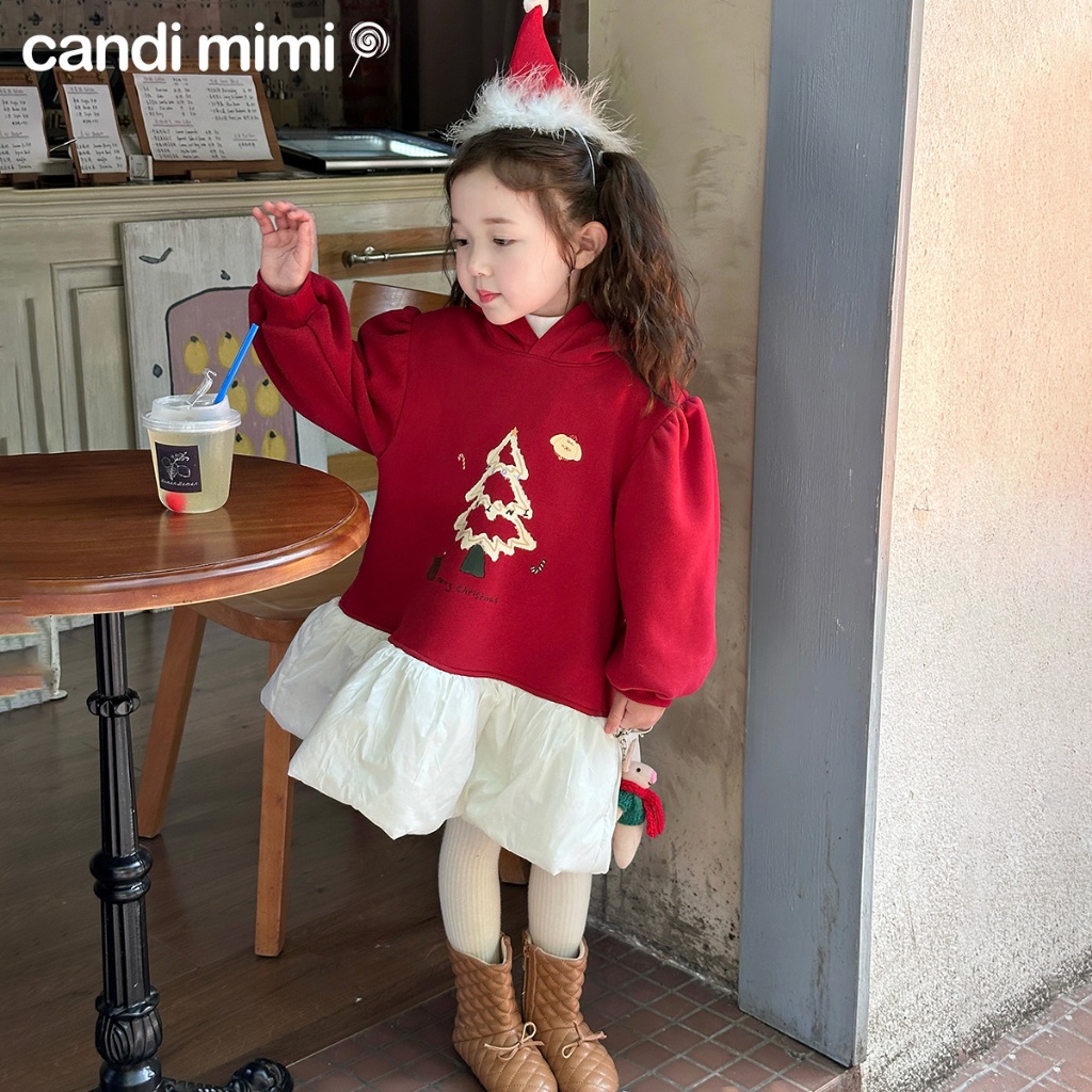 CANDIMIMI Áo nỉ cao cấp in hình cây thông gấu viền phao - Phong cách Hàn Quốc