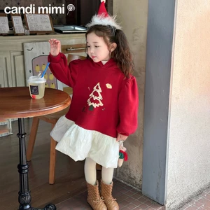 CANDIMIMI Áo nỉ cao cấp in hình cây thông gấu viền phao - Phong cách Hàn Quốc