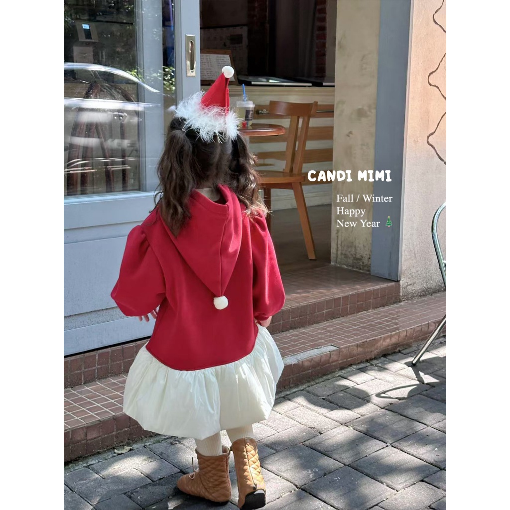 CANDIMIMI Áo nỉ cao cấp in hình cây thông gấu viền phao - Phong cách Hàn Quốc