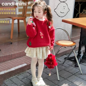 CANDIMIMI Áo len đỏ noel đính hình ngộ nghĩnh - Phong cách Hàn Quốc