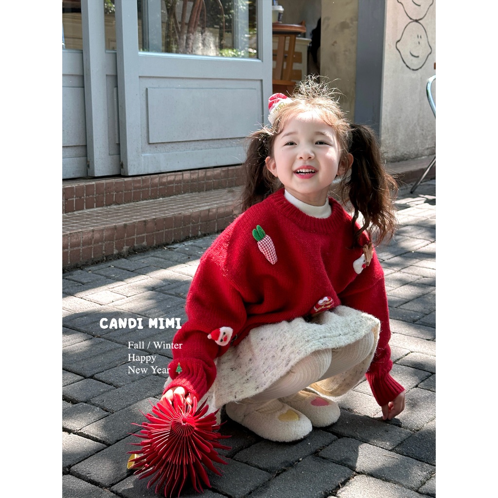 CANDIMIMI Áo len đỏ noel đính hình ngộ nghĩnh - Phong cách Hàn Quốc