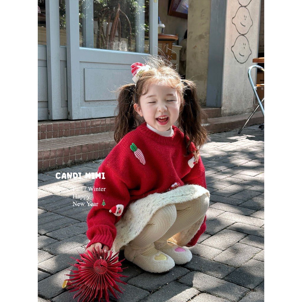 CANDIMIMI Áo len đỏ noel đính hình ngộ nghĩnh - Phong cách Hàn Quốc