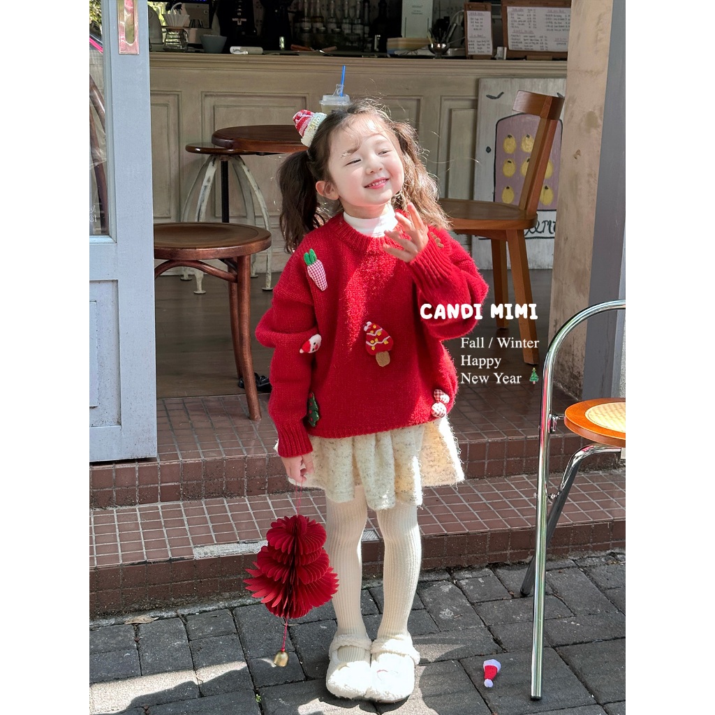 CANDIMIMI Áo len đỏ noel đính hình ngộ nghĩnh - Phong cách Hàn Quốc