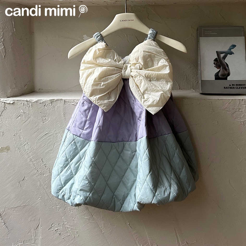 CANDIMIMI Váy hai dây phao quả chám đính nơ cao cấp - Phong cách Hàn Quốc