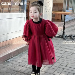 CANDIMIMI Váy babydoll đỏ đính nơ cao cấp - Phong cách Hàn Quốc