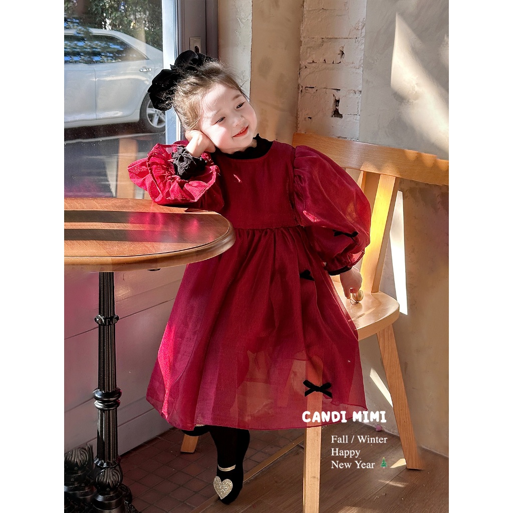 CANDIMIMI Váy babydoll đỏ đính nơ cao cấp - Phong cách Hàn Quốc