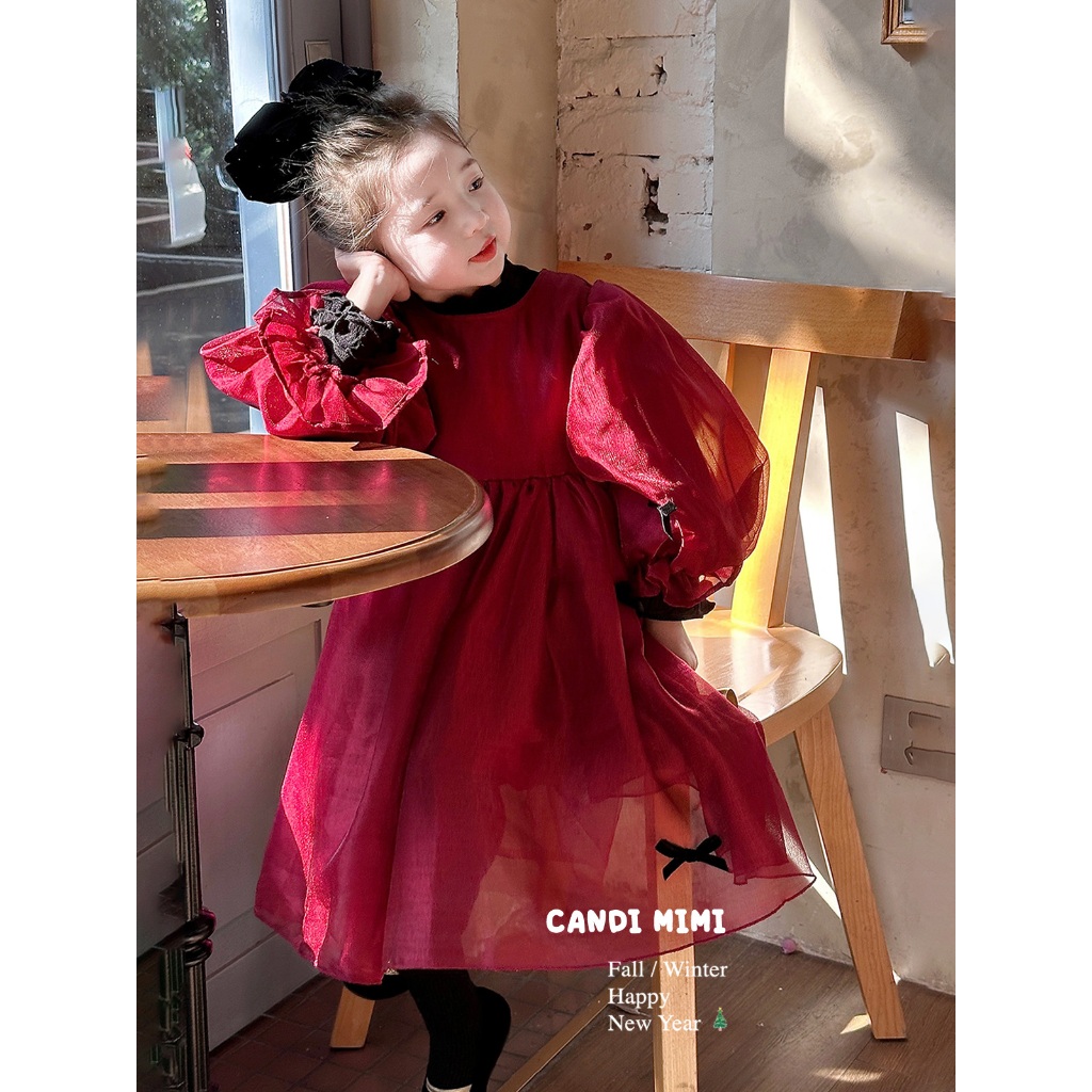 CANDIMIMI Váy babydoll đỏ đính nơ cao cấp - Phong cách Hàn Quốc