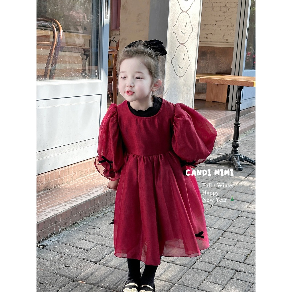 CANDIMIMI Váy babydoll đỏ đính nơ cao cấp - Phong cách Hàn Quốc