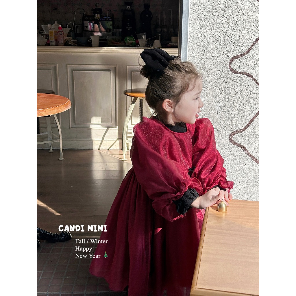 CANDIMIMI Váy babydoll đỏ đính nơ cao cấp - Phong cách Hàn Quốc