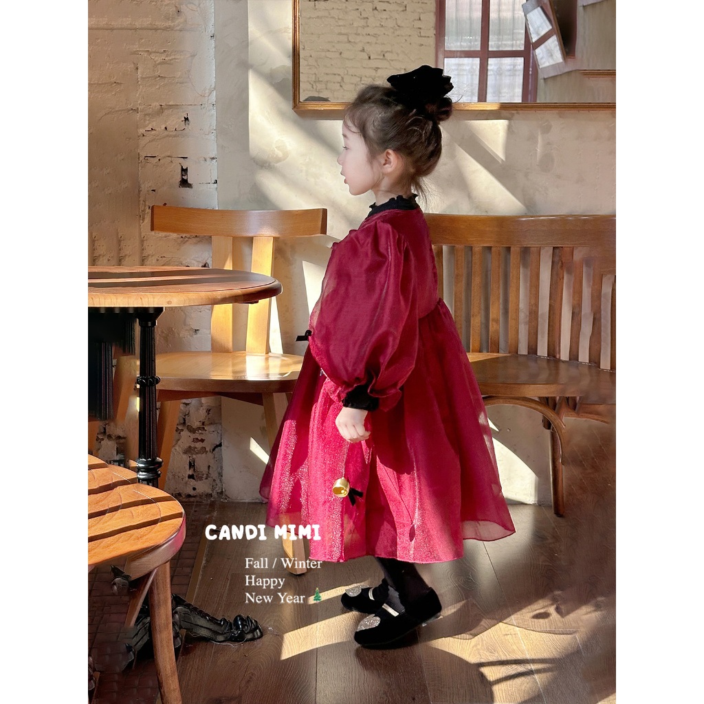 CANDIMIMI Váy babydoll đỏ đính nơ cao cấp - Phong cách Hàn Quốc