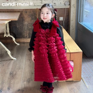 CANDIMIMI Váy hai dây đính nơ nhung cao cấp - Phong cách Hàn Quốc