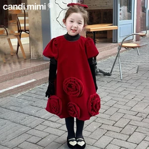 CANDIMIMI Váy nhung đỏ dạ hội cao cấp đính hoa nổi - Phong cách Hàn Quốc