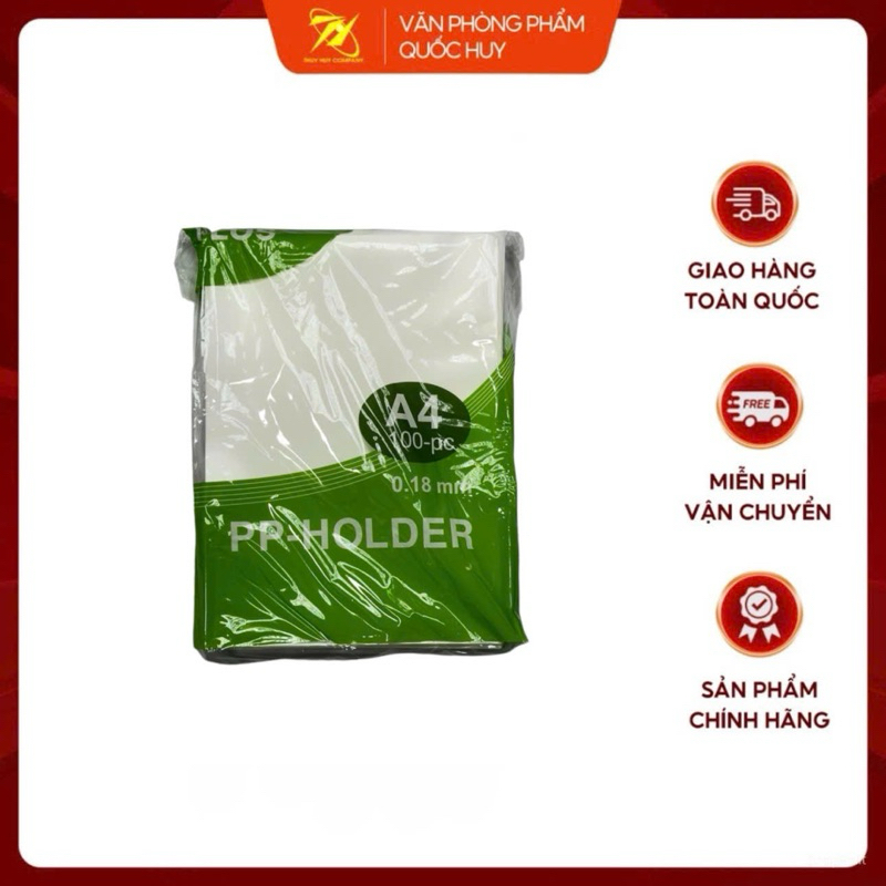 BÌA LÁ HỞ 2 CẠNH A4, TẬP 100 CÁI, ĐL 0,18MM XANH LÁ , PLUS - VPP QUỐC HUY