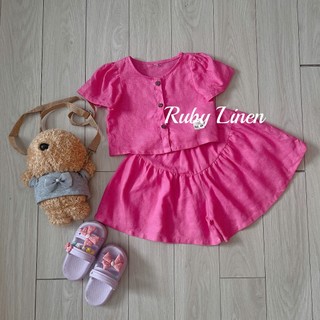 [JUNE LINEN -Kids] - Bộ áo tay nhún mix quần váy PURE LINEN cho bé gái 12-25kg. Nhiều màu. Ảnh thật.