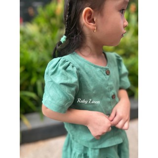 [JUNE LINEN -Kids] - Bộ áo tay nhún mix quần váy PURE LINEN cho bé gái 12-25kg. Nhiều màu. Ảnh thật.