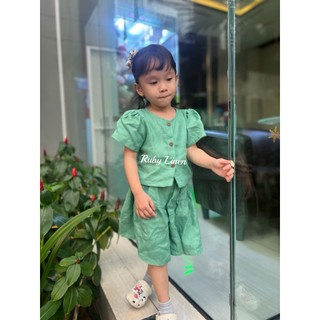 [JUNE LINEN -Kids] - Bộ áo tay nhún mix quần váy PURE LINEN cho bé gái 12-25kg. Nhiều màu. Ảnh thật.