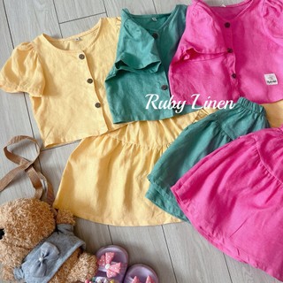 [JUNE LINEN -Kids] - Bộ áo tay nhún mix quần váy PURE LINEN cho bé gái 12-25kg. Nhiều màu. Ảnh thật.