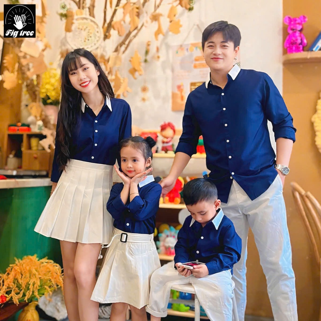 Combo Áo Sơ Mi Gia Đình Fig Tree Màu Xanh Đen Phối Màu Trắng Siêu Xinh!!