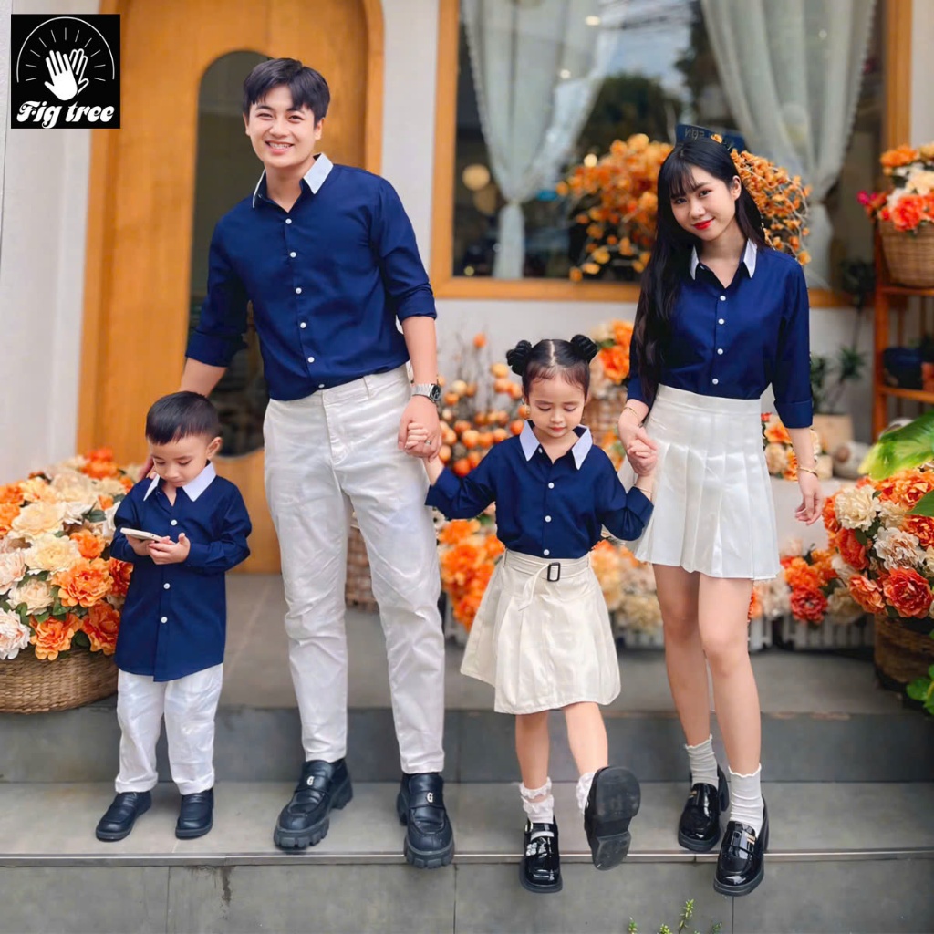 Combo Áo Sơ Mi Gia Đình Fig Tree Màu Xanh Đen Phối Màu Trắng Siêu Xinh!!