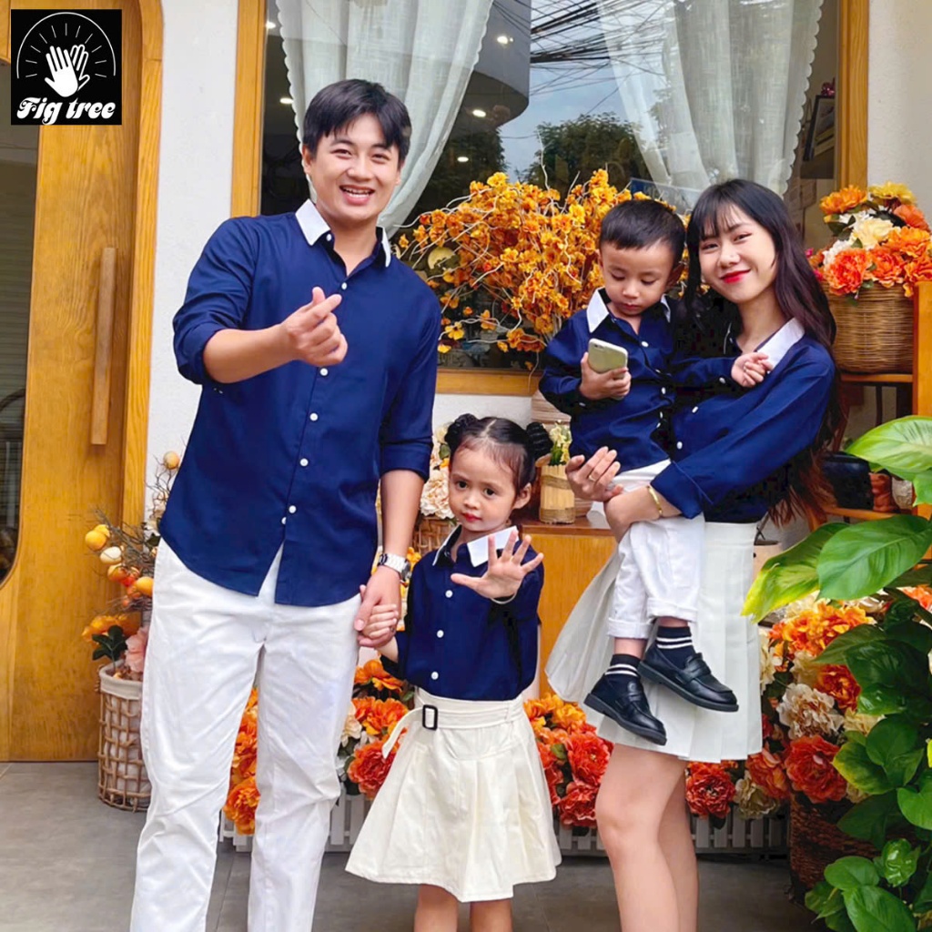 Combo Áo Sơ Mi Gia Đình Fig Tree Màu Xanh Đen Phối Màu Trắng Siêu Xinh!!